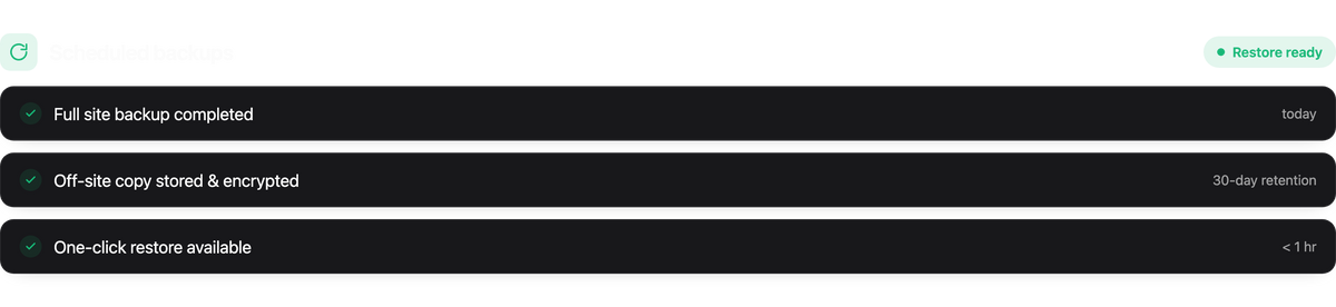 Scheduled backups with fast recovery.